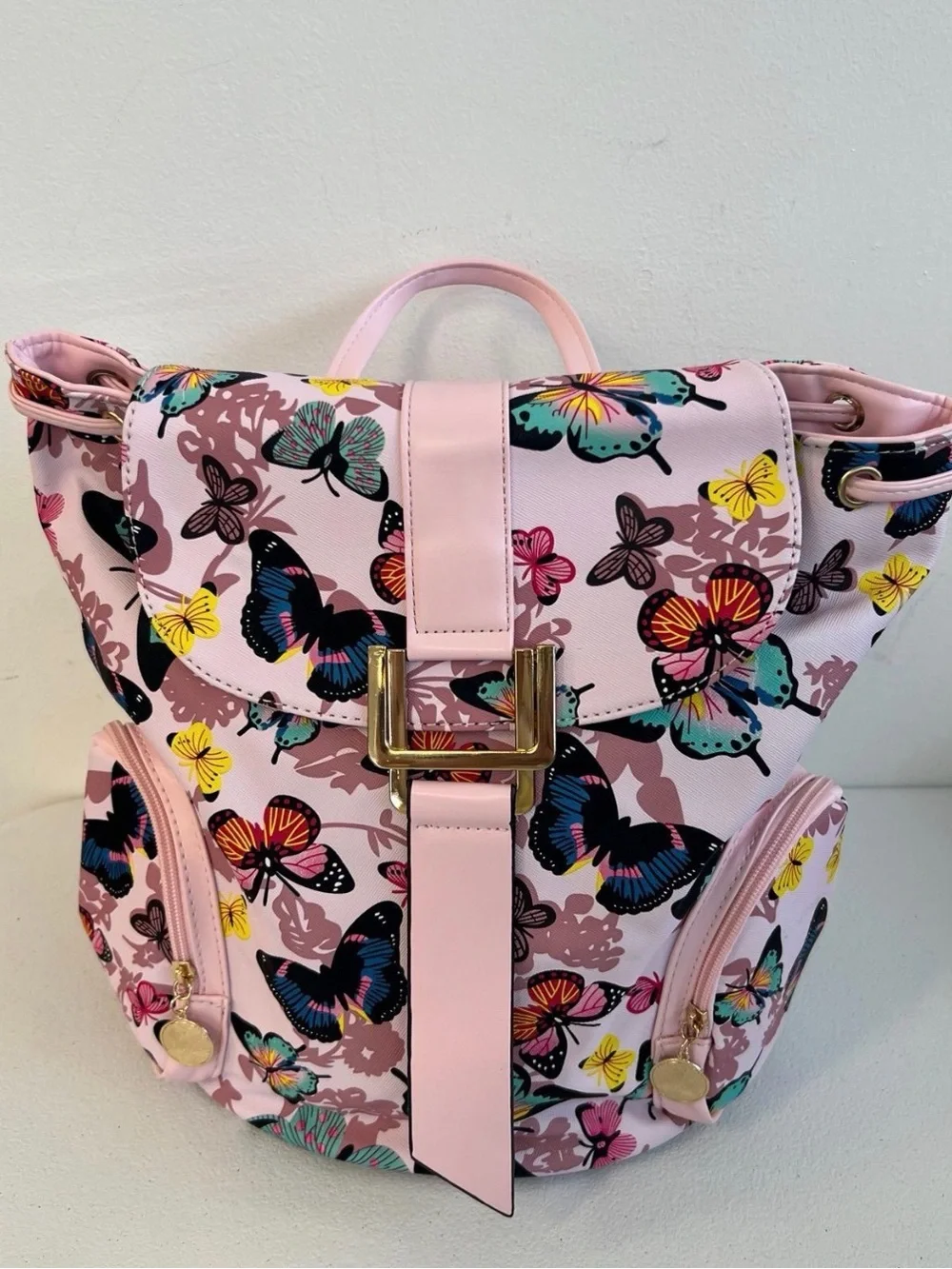 Pink Butterfly Print Faux-Leather Backpack
